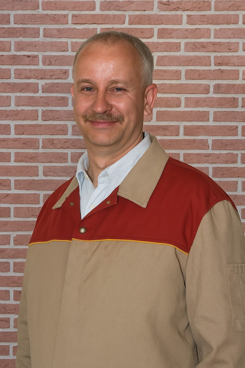 Ein Mann mit Schnurrbart steht vor einer Backsteinmauer. Portrait von Martin Holtermann