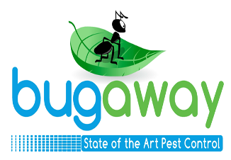 Bugaway state of the art pest control logo with an ant on a leaf