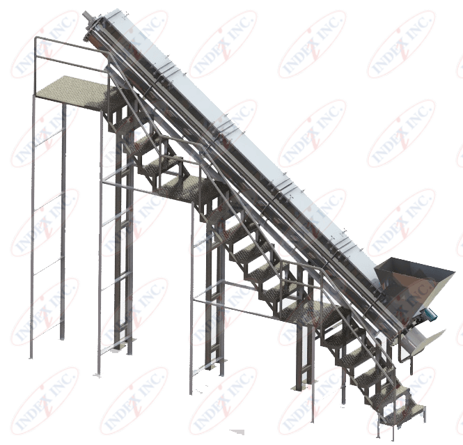 A conveyor belt with stairs going up it