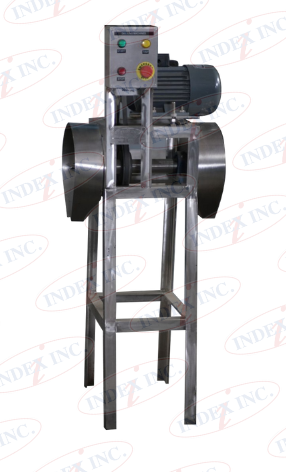 A stainless steel machine with a motor on a stand.