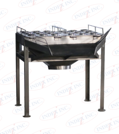 A stainless steel container on a stand that says index inc.