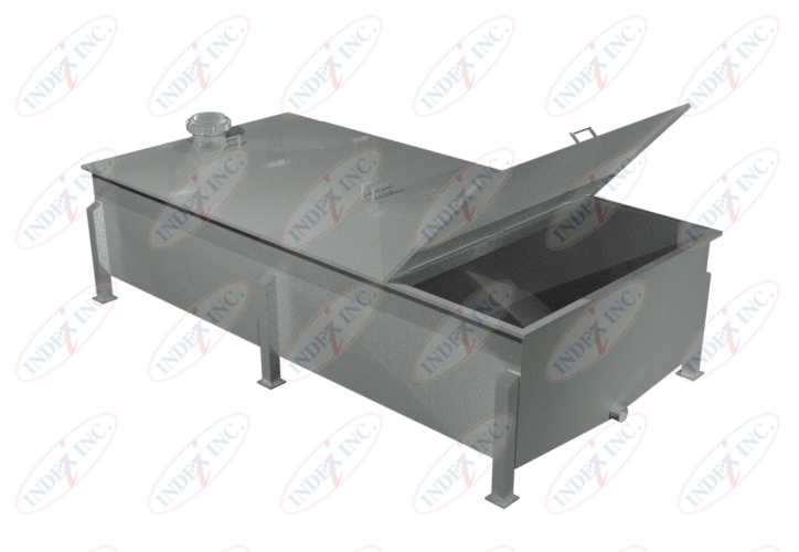 A large stainless steel tank with the lid open.