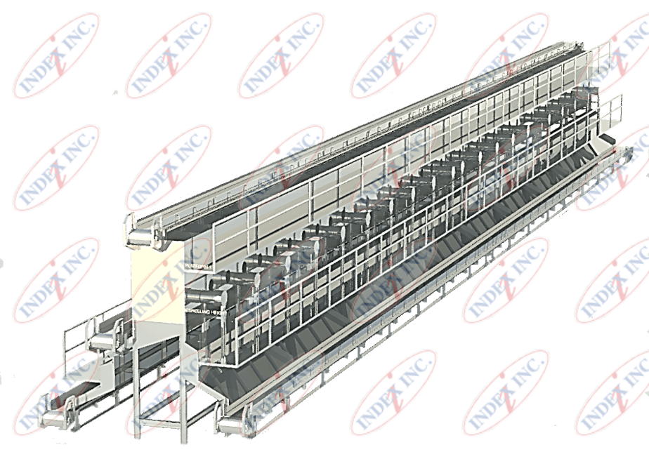 A 3d model of a conveyor belt with a lot of containers on it.