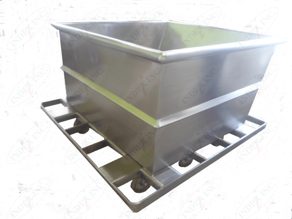 A large stainless steel container is sitting on top of a cart.