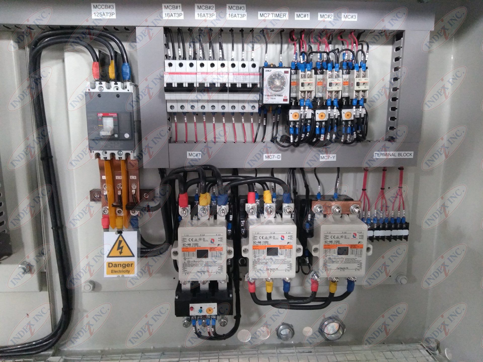 A close up of a electrical control panel with a lot of wires coming out of it.
