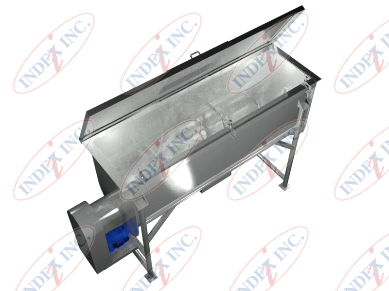 A stainless steel table with index inc. written on it