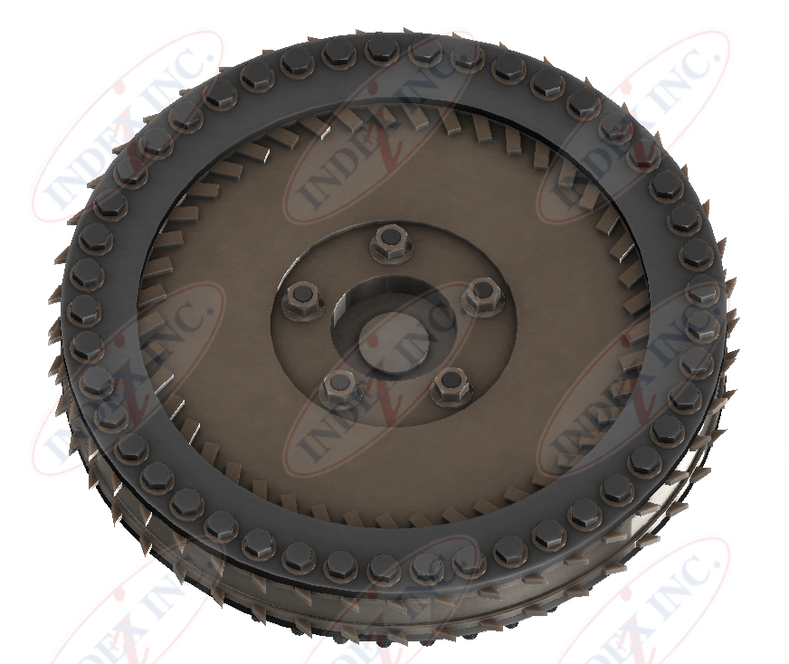 A close up of a wheel that says index inc. on it