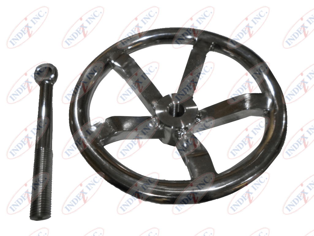 A stainless steel steering wheel with a handle on a white background.