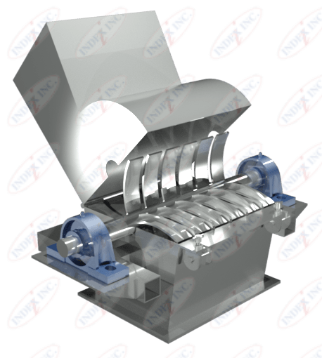 A 3d rendering of a stainless steel machine with the lid open