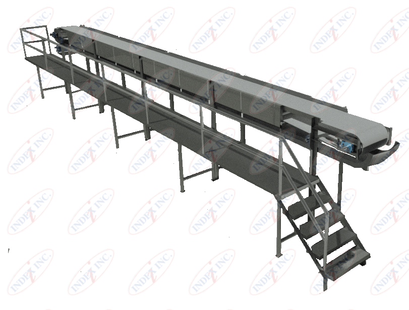 A conveyor belt with stairs attached to it on a white background.