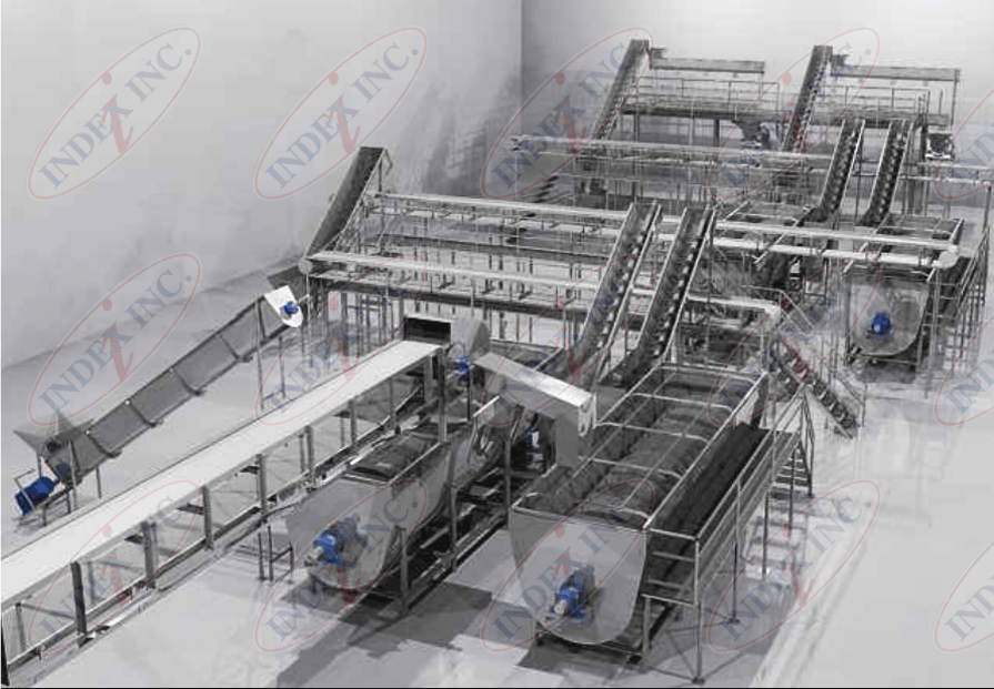 A computer generated image of a factory with conveyor belts and stairs.
