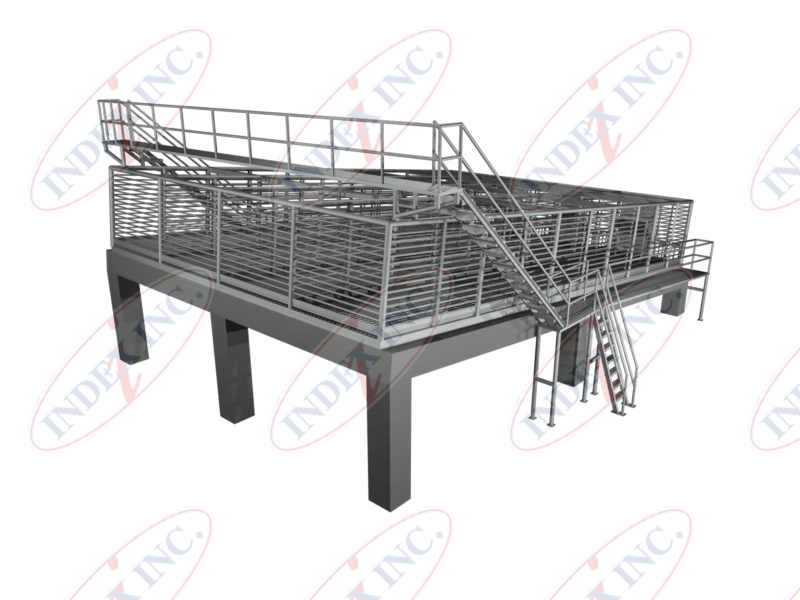 A 3d model of a metal platform with stairs