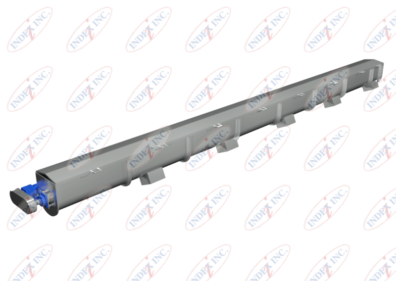 A stainless steel conveyor belt is shown on a white background.