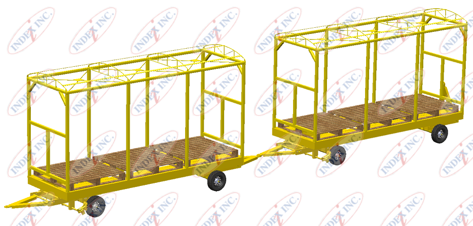 A couple of yellow trailers with wheels on a white background.