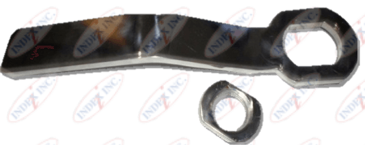 A stainless steel wrench with a hole in the middle