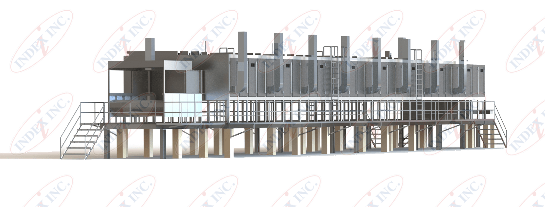 A 3d model of a building with stairs and a balcony on a white background.