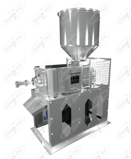 A stainless steel machine with a large container on top of it.