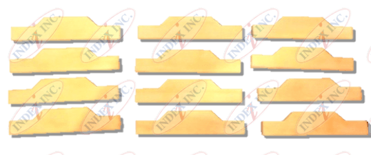 A bunch of pieces of wood are lined up in a row on a white background.