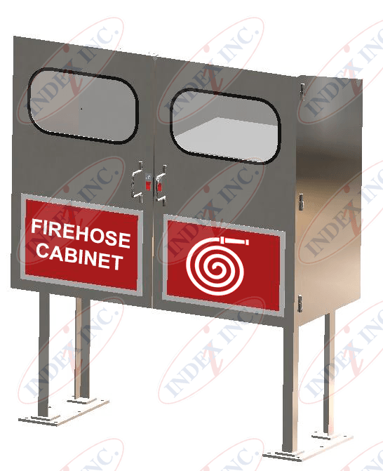 A stainless steel fire hose cabinet with two doors