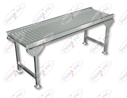 A stainless steel conveyor belt is sitting on top of a metal table.