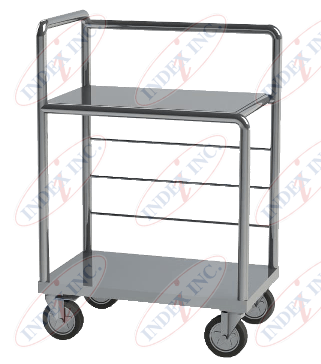 A stainless steel cart with wheels and a shelf