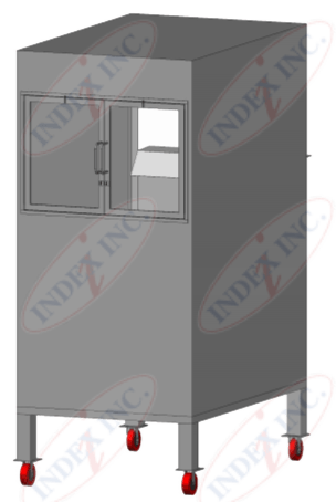 A drawing of a stainless steel cabinet with red wheels from index inc.