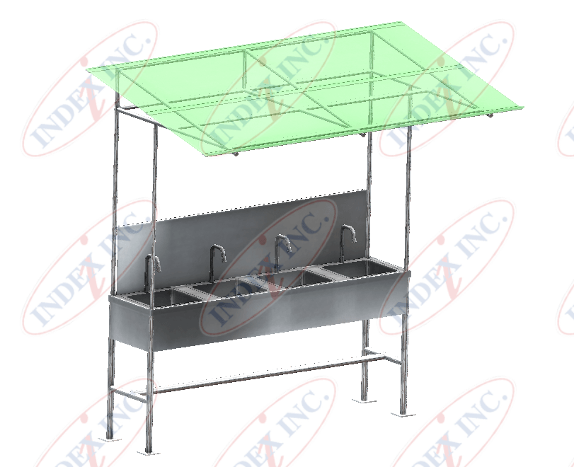 A stainless steel sink with a green canopy over it