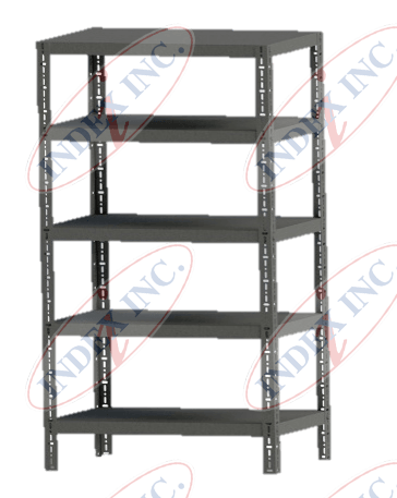 A picture of a metal shelf that says index inc. on it