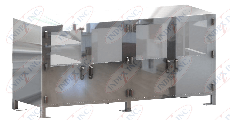 A stainless steel cabinet with a lot of doors and shelves.