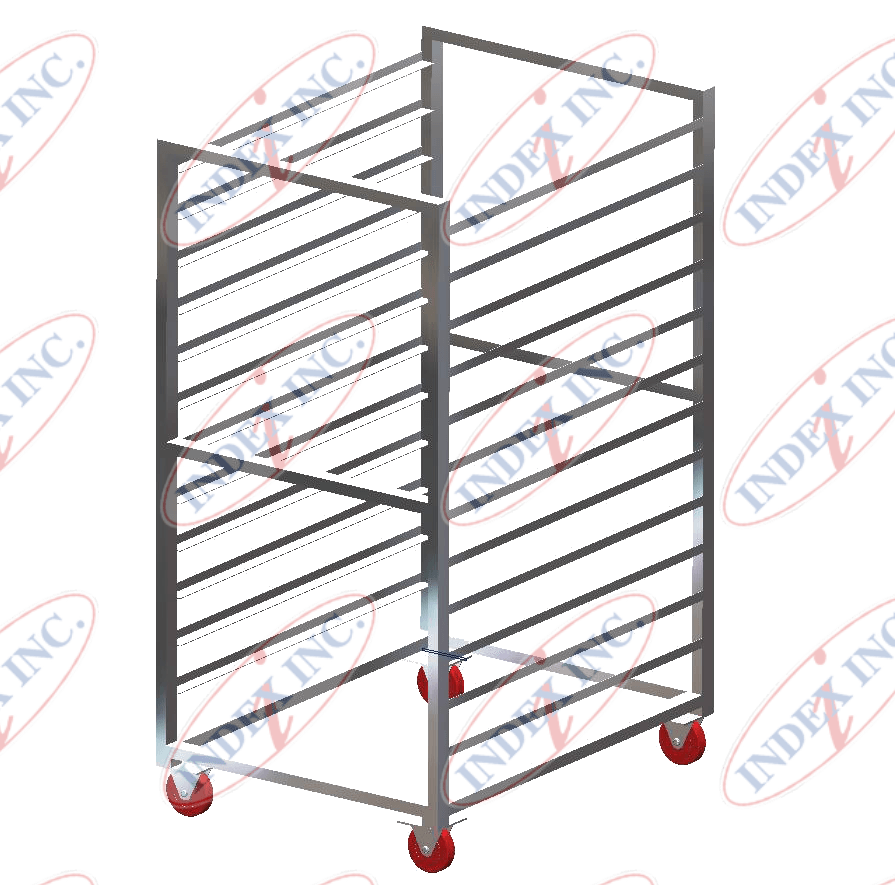 A drawing of a stainless steel rack with red wheels
