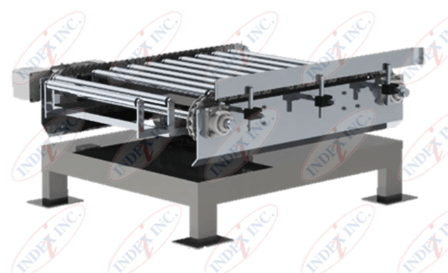 A stainless steel conveyor belt is sitting on top of a metal platform.