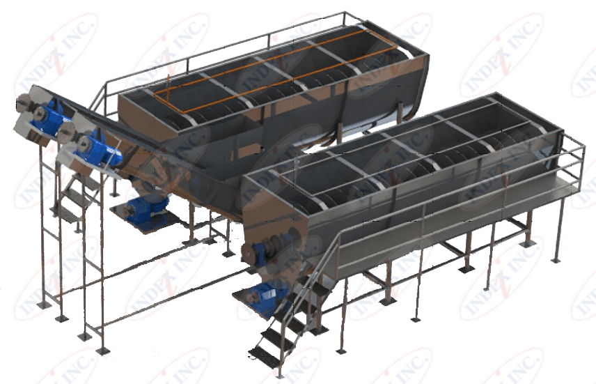 A 3d model of a machine with a conveyor belt and stairs.
