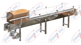 A stainless steel conveyor belt with a box on top of it