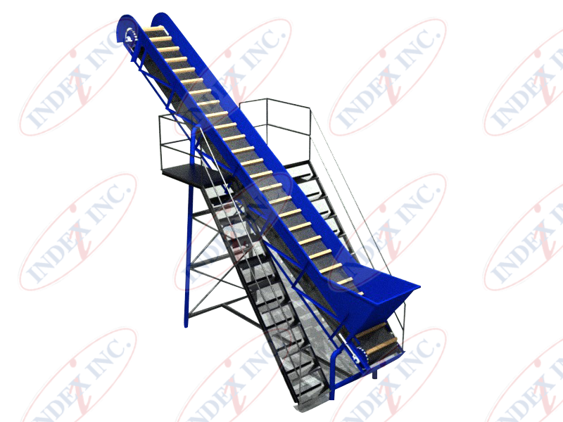 A blue conveyor belt with stairs going up it