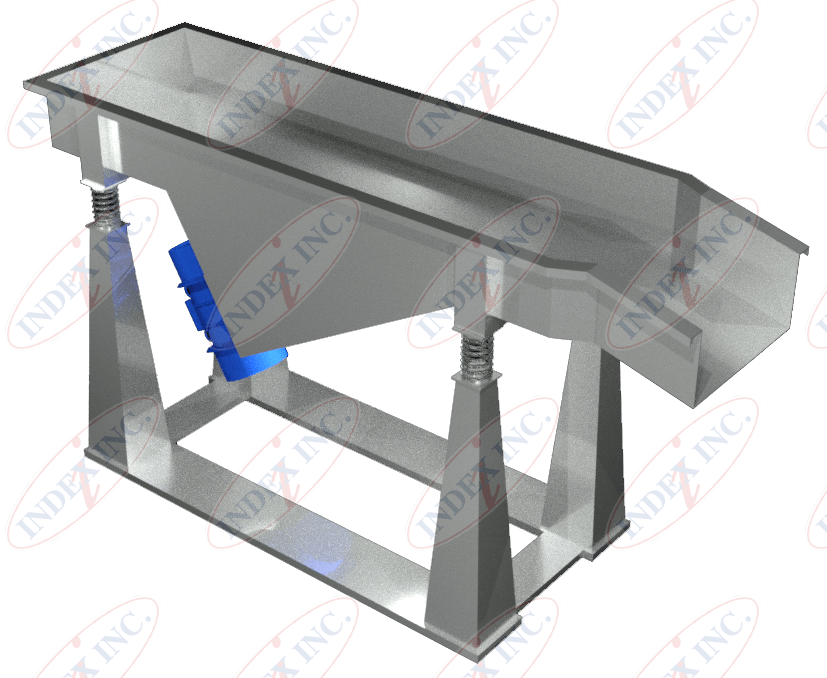 A 3d rendering of a stainless steel vibratory conveyor belt