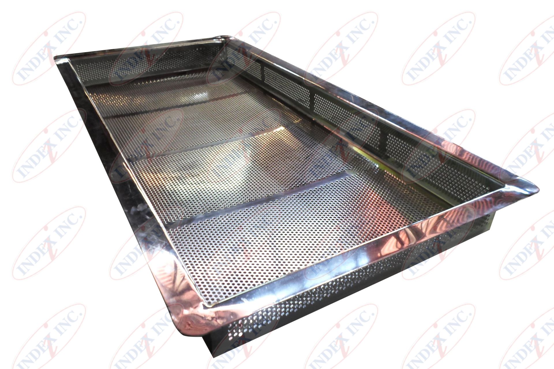 A stainless steel tray with holes in it on a white background.