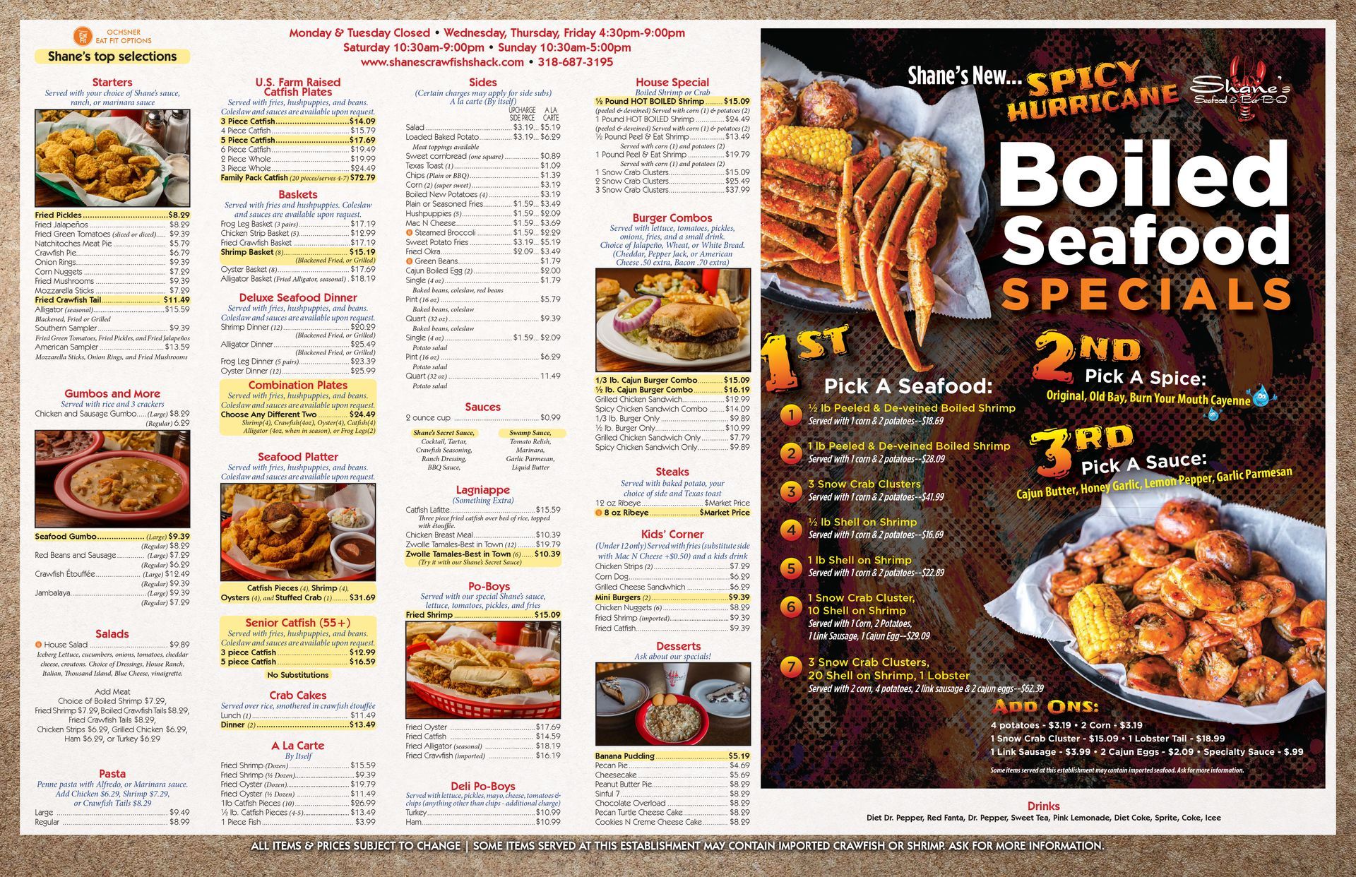 A menu for a restaurant called boiled seafood specials