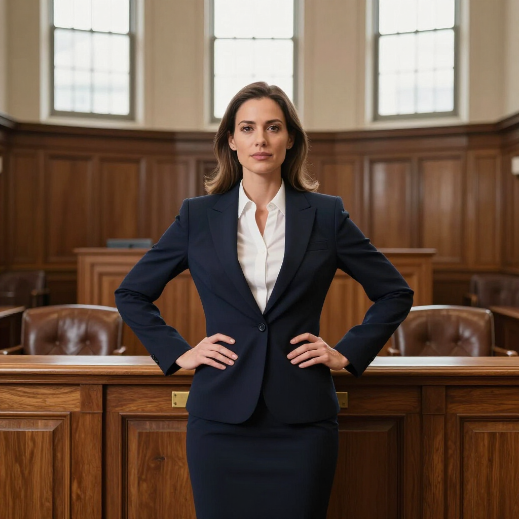 A professional standing with hands on hips inside a wood-paneled courtroom. A professional standing with hands on hips inside a wood-paneled courtroom.