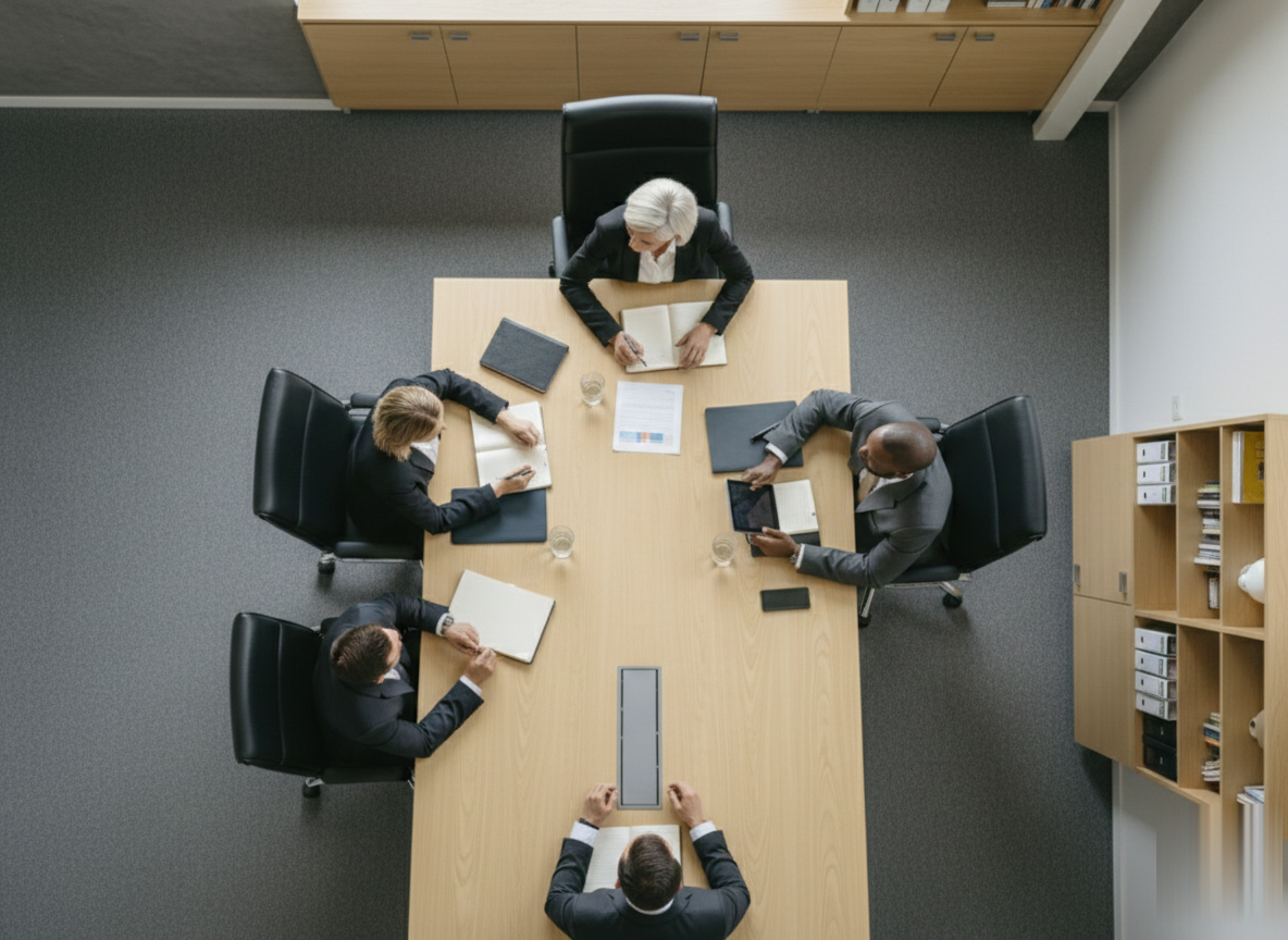 Business meeting in progress. People seated around a large table, reviewing documents.