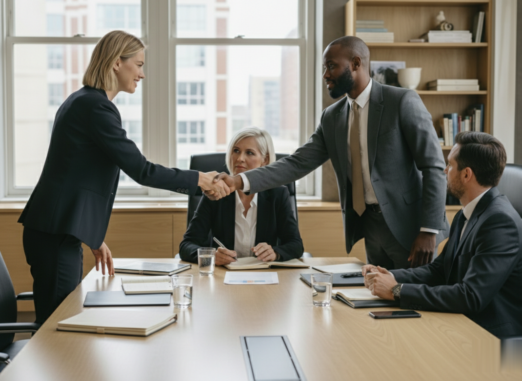 People shaking hands at a conference table, in an office setting.