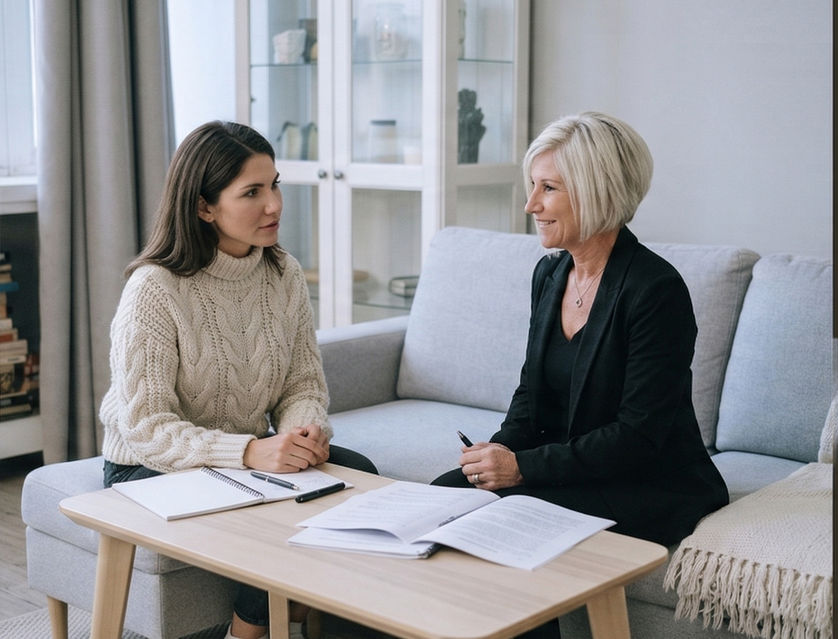 Two people sit on a sofa facing each other, discussing documents on a wooden coffee table in a brightly lit room. Two people sit on a sofa facing each other, discussing documents on a wooden coffee table in a brightly lit room.