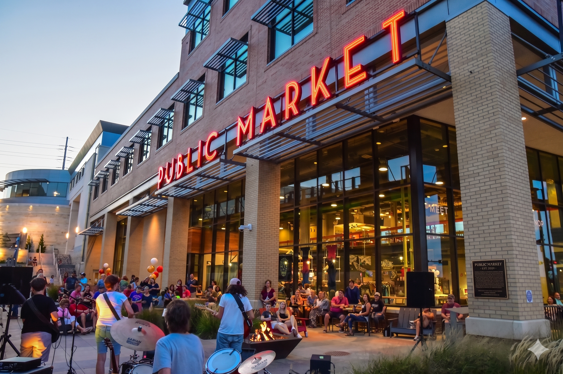 Outdoor seating at Pike Place Market at dusk, with people dining under the glowing market sign. Outdoor seating at Pike Place Market at dusk, with people dining under the glowing market sign.
