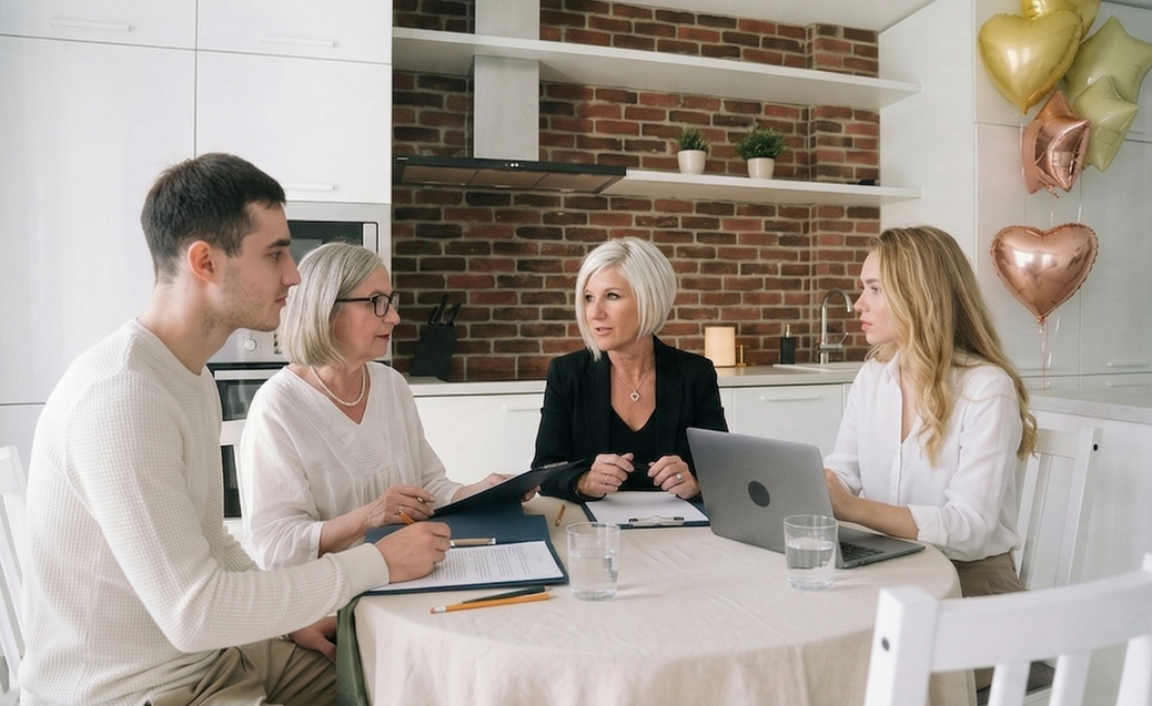Four people sit around a round table in a kitchen, looking at documents and a laptop during a professional meeting.