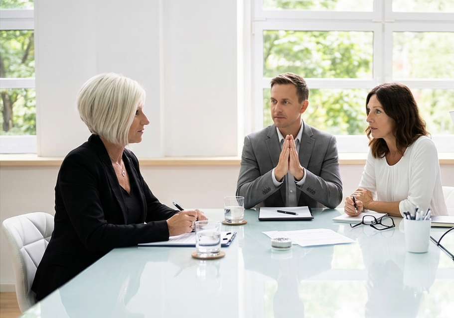 Three people in business attire sit around a bright table in a modern office, engaged in a professional meeting. Three people in business attire sit around a bright table in a modern office, engaged in a professional meeting.