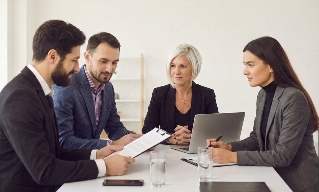 Four colleagues in business attire sit around a table in a bright office, reviewing documents and discussing work.