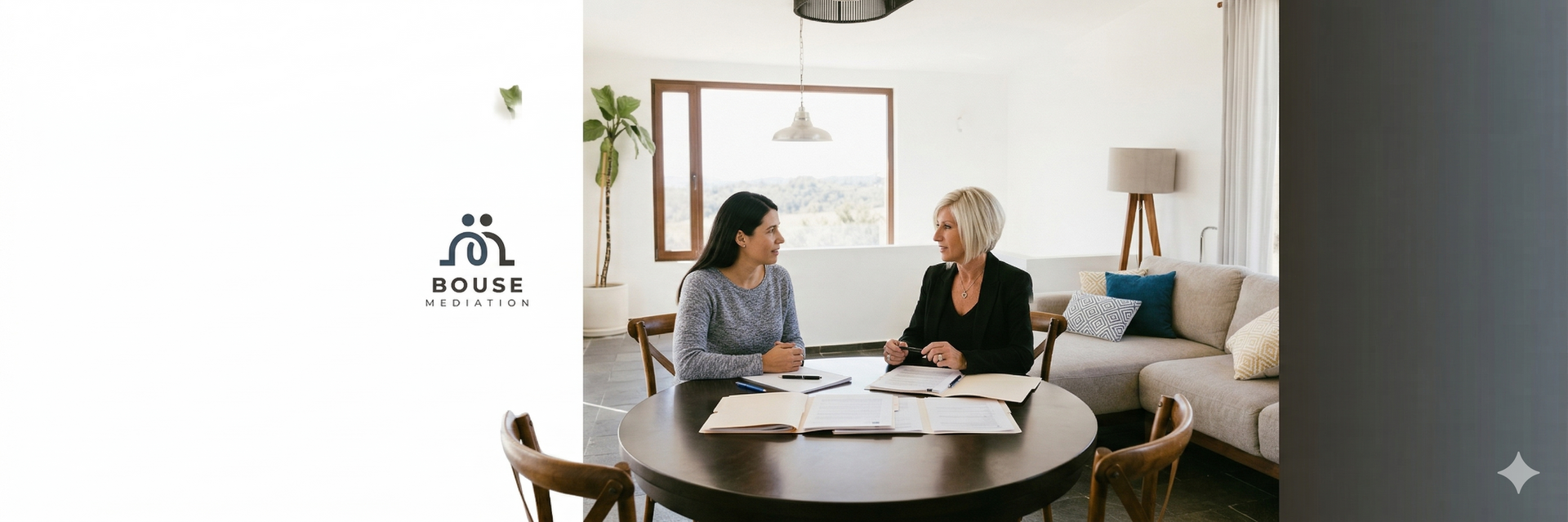 Two people sit at a round table in a bright, modern living room, reviewing documents together.