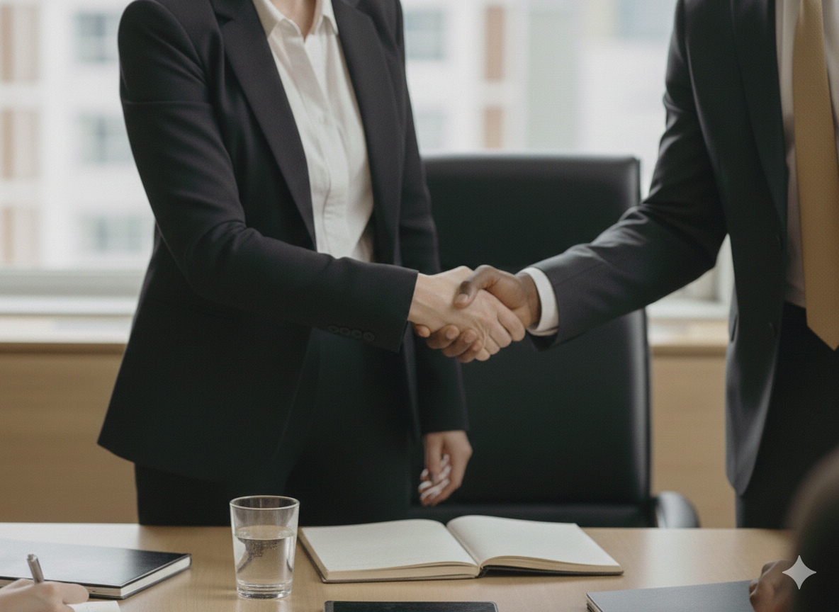 Two people in suits shaking hands over a wooden table, in an office setting.