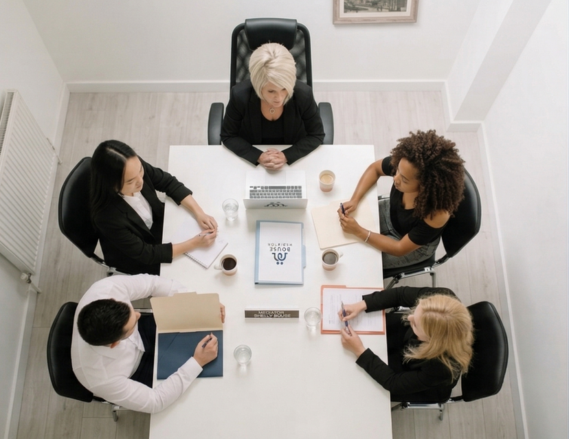 Five people sit around a rectangular white table in a bright, modern meeting room, reviewing documents and laptops. Five people sit around a rectangular white table in a bright, modern meeting room, reviewing documents and laptops.