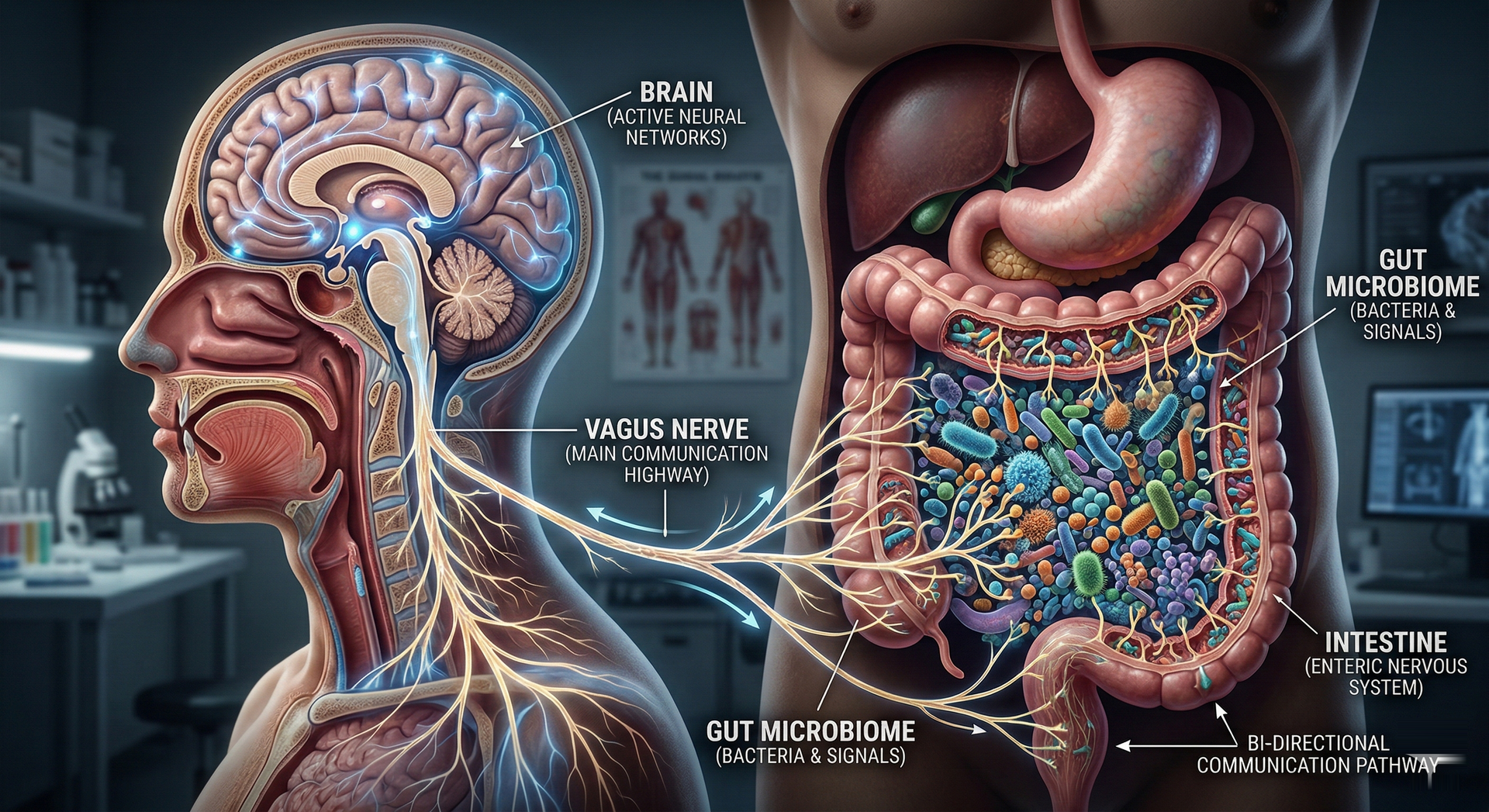 Human body anatomy diagram: brain and digestive system connected by nerves, highlighting the gut microbiome.