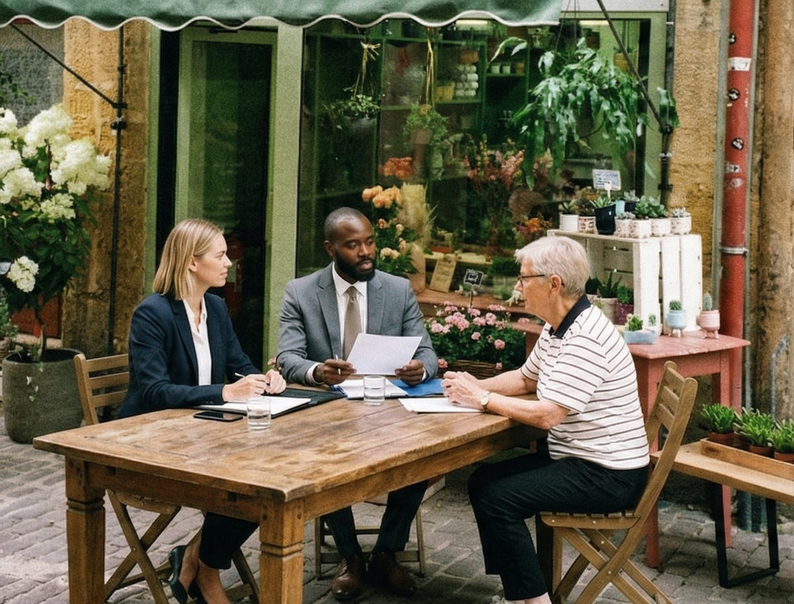 Two professionals in business attire meet with an older individual at a wooden table outdoors to review documents.